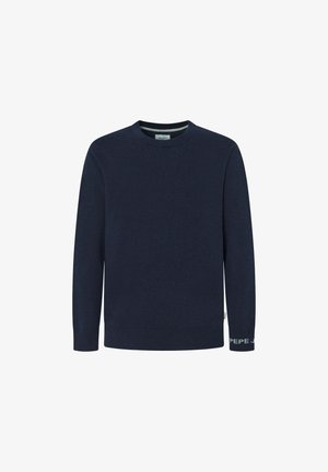 Tums zila garām piedurknēm džemperis, izgatavots no mīksta adījuma materiāla. Iezīmēta ar viesmēra kaklu un logo detaļu uz kreisā piedurknes.