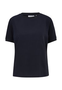 Marineblaue Kurzarm-T-Shirt mit rundem Ausschnitt, aus einem glatten Stoff gefertigt, mit lockerer Passform und ohne sichtbare Muster oder Akzente.