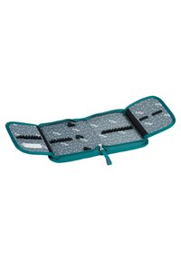 Tyrkysový pouzdro na zip se třemi přihrádkami, uvnitř šedé barvy s vzorovaným designem a elastickými pásky pro bezpečné uspořádání předmětů.