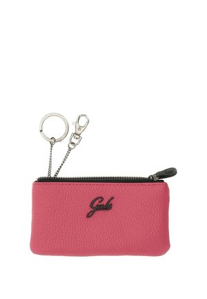 Piccola pochette in pelle rosa testurizzata con cerniera nera e portachiavi in metallo con anello e moschettone, marchiata con logo nero "Gabs".
