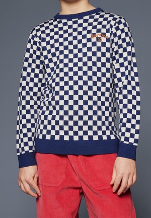 Dziecko ubrano w niebiesko-biały sweter w kratę z małym haftowanym napisem i czerwone spodnie sztruksowe, stojące na jednolitym tle.