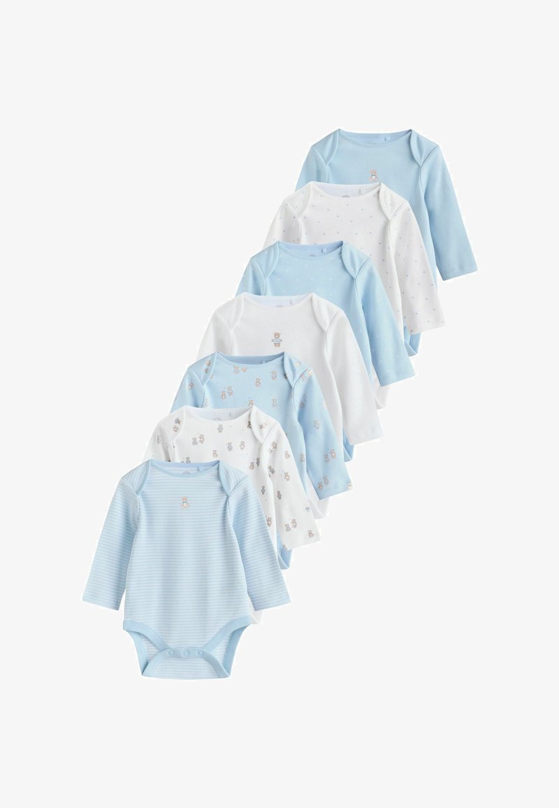 Syv langærmede babybodysuits i forskellige nuancer af blå og hvid, med mønstre som striber og bjørnemotiver. Blødt bomuldsmateriale.