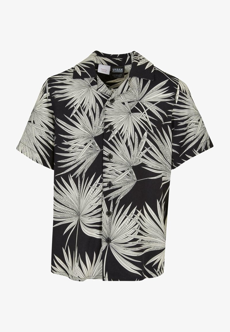 Kortærmet skjorte med sort baggrund og hvide palmebladsmønstre, knaplukning foran og klassisk kravedesign.
