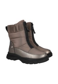 Botas de tobillo impermeables con un acabado metálico topo, parte superior acolchada, detalles en negro y suela de goma texturada para mayor tracción. Cierre de cremallera.