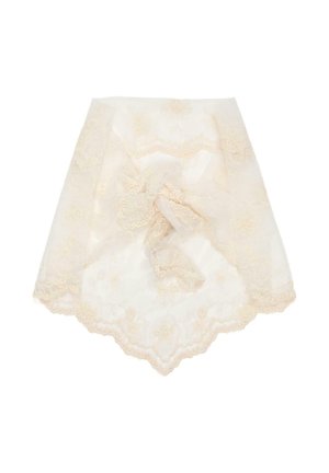 Sheer beige lace scarf with floral embroidery and scalloped edges, tied in a loose knot at the center.