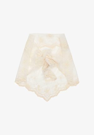 Sciarpa di pizzo beige trasparente con ricamo floreale e bordi smerlati, annodata in un nodo sciolto al centro.