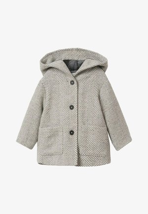 Kabát s houndstooth vzorem, světle šedé barvy, s kapucí, který má tři černé knoflíky a přední kapsy. Texturovaná tkanina, volný střih.