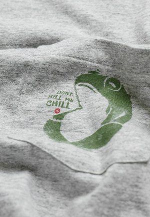 Grå bomulds T-shirt med en grøn frø-grafik og teksten "DON'T KILL MY CHILL" nedenunder. Blød tekstur med et afslappet design.