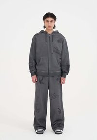 Conjunto de sudadera y pantalones gris con estampados gráficos, detalles bordados y una textura suave. Presenta un cierre de cremallera en el frente y un ajuste relajado.