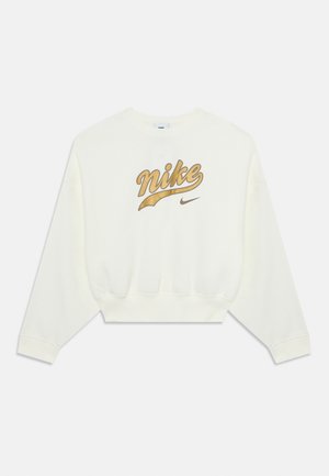 Sweatshirt court à manches longues blanc avec le texte doré "nike" et un petit logo swoosh noir sur la poitrine, col rond et poignets côtelés.