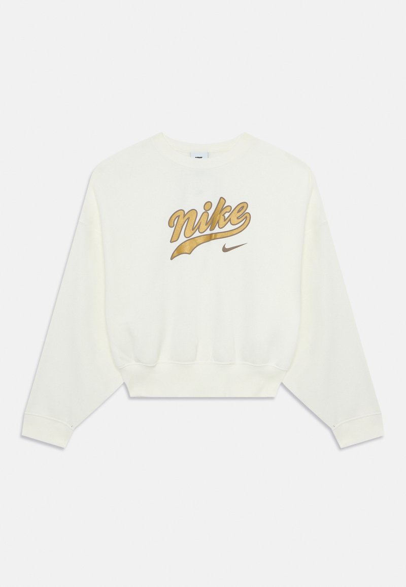 Vit långärmad kort sweatshirt med guld "nike"-text och liten svart swoosh-logotyp på bröstet, rundad halsringning och ribbade muddärmar.