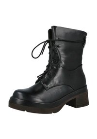 Botín negro de cuero con cordones en la parte delantera, punta redondeada, tacón grueso y suela texturizada. Presenta un acabado liso y un diseño minimalista.