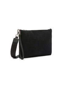 Borsa a tracolla in corduroy nero con forma rettangolare piatta, dotata di una tracolla staccabile e dettagli in metallo argentato. Texture liscia.