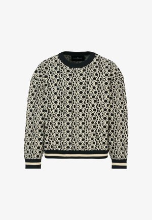 Gebreide trui met een crème en zwart herhalend logopatroon, ronde halslijn, lange mouwen en ribgebreide manchetten en onderrand.