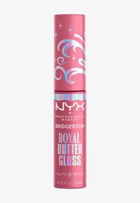NYX Professional Makeup, Bridgerton Royal Butter Gloss dans un tube rose, avec des détails blancs et irisés, 0,27 fl oz (8 mL).