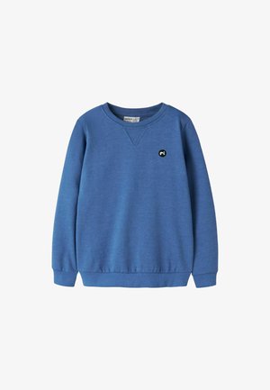 Blauwe sweatshirt met een ronde hals, lange mouwen en een geribde zoom. Voorzien van een klein zwart logo op de borst. Gemaakt van zacht materiaal.