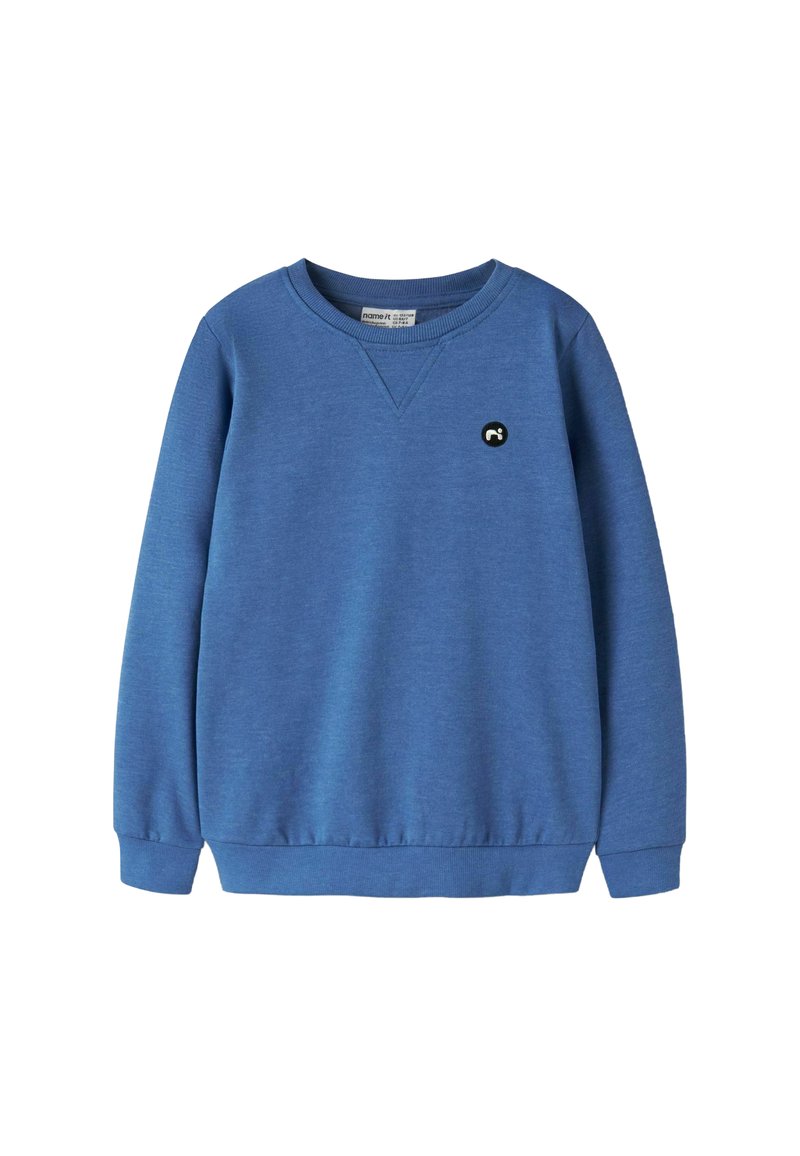 Blauwe sweatshirt met een ronde hals, lange mouwen en een geribde zoom. Voorzien van een klein zwart logo op de borst. Gemaakt van zacht materiaal.