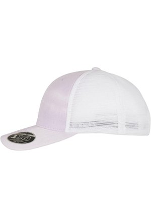 Bijela mrežasta snapback kapa s ljubičastim prednjim dijelom i vizorom. Uključuje naljepnicu s logom na vizoru i zaobljenu, strukturiranu krunu.