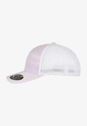 Weiße Netz-Snapback-Cap mit einer lavendelfarbenen Vorderseite und Visier. Enthält einen Logosticker auf dem Visier und eine abgerundete, strukturierte Krone.