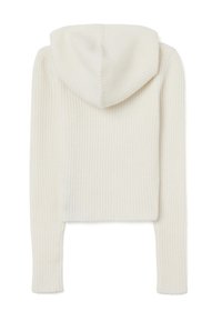 Gekürzter, gerippter Hoodie aus cremefarbenem Strick mit weicher Textur. Verfügt über lange Ärmel und eine Kordelzugkapuze.