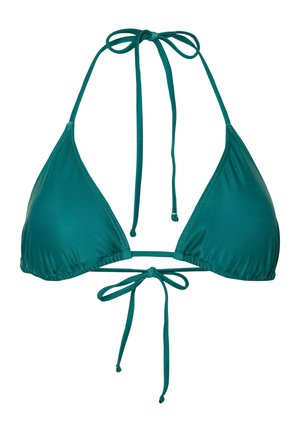 Haut de bikini triangle vert sarcelle avec liens réglables au cou et au dos, tissu lisse, sans motifs ni ornements.