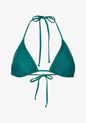 Trójkątny top bikini w kolorze zielononiebieskim z regulowanymi troczkami na szyi i plecach, gładka tkanina, bez wzorów i ozdób.