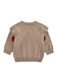 Maglione lavorato a maglia marrone chiaro con maniche corte, dettagli a ruffles sulle spalle e pon-pon rossi su ciascuna manica. Polsini e orlo a coste.