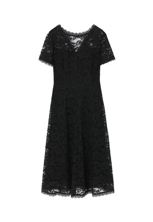 Zwarte kanten jurk met korte mouwen, V-hals, strak lijfje en uitlopende rok. Bevat ingewikkelde bloempatronen en een geschulpte zoom.