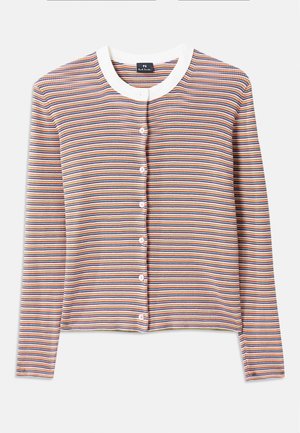 Striped cardigan with long sleeves, featuring a white round neckline and button closure. Colors include orange, blue, and cream in horizontal stripes.
