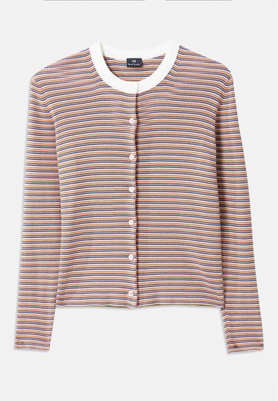 Gestreepte cardigan met lange mouwen, voorzien van een witte ronde hals en knoopsluiting. Kleuren zijn oranje, blauw en crème in horizontale strepen.