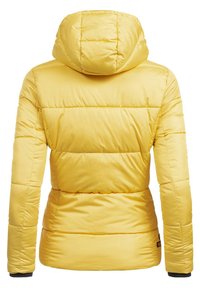 Yellow puffer jacket with a detachable hood, horizontal stitching, and smooth texture. Sleeves extend to wrist cuffs with elastic accents.