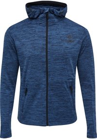 Sudadera azul jaspeada con cremallera, capucha ajustable, cierre frontal completo, bolsillos laterales con cremallera y un pequeño logo en el lado izquierdo del pecho.