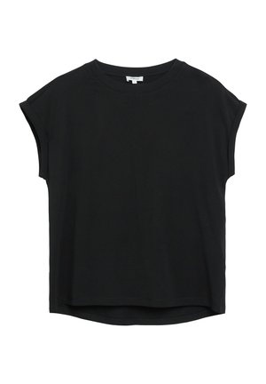 T-shirt noir à manches courtes décontracté avec des poignets roulés et un col rond, présenté à plat sur fond blanc.