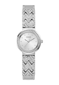 Sølvur med rund urskive, tekstureret rem med zigzag-mønstre og indlagte krystaller rundt om bezel og armbånd.