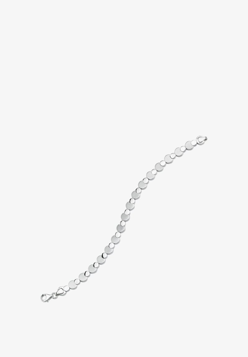 Silberarmband mit miteinander verbundenen, runden Gliedern, die eine glatte, matte Oberfläche haben, und einem Karabinerverschluss.