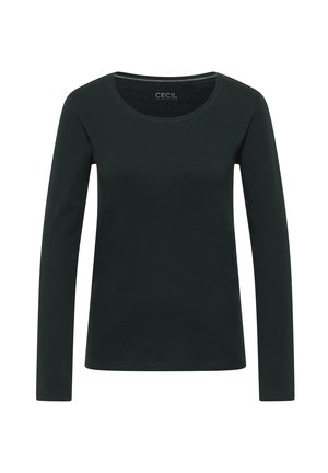 Top a maniche lunghe di colore verde scuro, colletto rotondo, realizzato in un morbido tessuto misto cotone, con un design aderente e dettagli di cucitura minimi.
