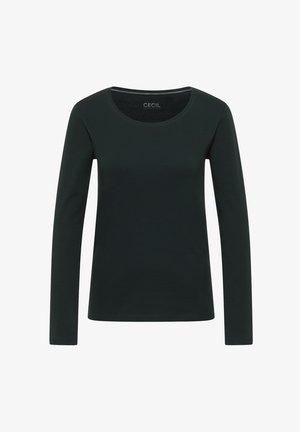 Haut à manches longues en vert foncé, col rond, en tissu doux en mélange de coton, design ajusté, avec des détails de couture minimaux.