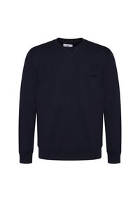 Marineblauwe sweatshirt van katoen, met een geribbelde halslijn en manchetten, voorzien van een getextureerd merkembleem dat aan de voorkant is gestikt.
