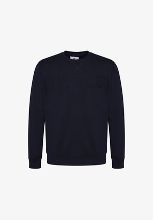 Felpa blu navy in cotone, con collo e polsini a coste, con un logo del marchio testurizzato ricamato sul davanti.