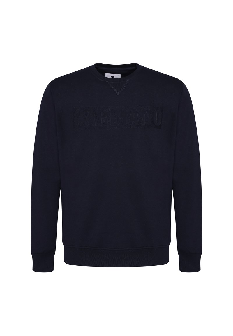 Marineblauwe sweatshirt van katoen, met een geribbelde halslijn en manchetten, voorzien van een getextureerd merkembleem dat aan de voorkant is gestikt.
