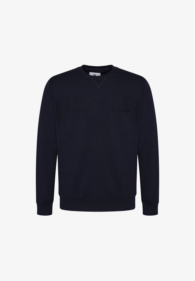 Sudadera azul marino hecha de algodón, con un cuello y puños acanalados, y un logotipo de marca texturizado bordado en la parte delantera.