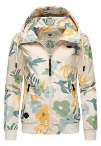 Blomstret hættejakke i beige med farverige mønstre af blomster og blade. Udstyret med lynlåslommer og ribbede manchetter.