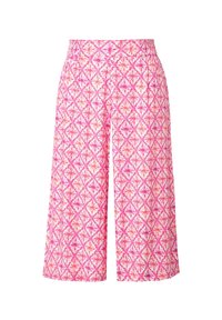 Roze culottes met een diamanten- en bloemmotief, voorzien van een elastische tailleband en wijde pijpen, gemaakt van lichtgewicht stof.