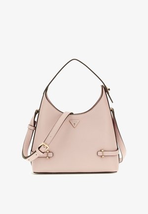 Borsa a mano in pelle rosa con silhouette curva, tracolla regolabile, dettagli in metallo dorato e logo triangolare sul davanti.