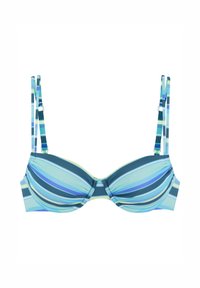 Dryžuota bikini viršutinė dalis mėlynos ir žalios spalvų atspalviuose, su formuotais puodeliais, reguliuojamomis petnešėlėmis ir centriniu mazgo akcentu. Lygus audinio paviršius.