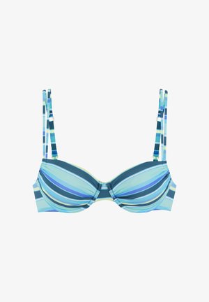 Prúžkovaná bikiny podprsenka v odtieňoch modrej a zelenej, s tvarovanými košíkmi, nastaviteľnými ramienkami a stredným uzlom. Hladký povrch látky.
