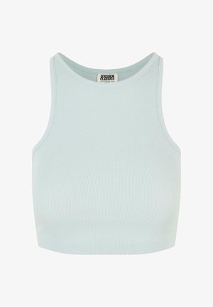 Svetlo modra rebrasta kratka majica s okroglim izrezom in oprijetim krojem. Narejena iz mehkega, razteznega materiala, primerna za vsakodnevno nošenje.