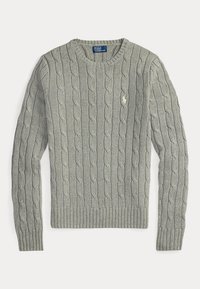 Lysegrå kabelstrikket langærmet sweater med rund hals og et lille broderet logo på venstre bryst.