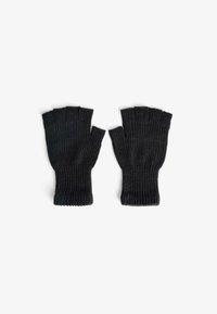 Guanti neri senza dita in materiale a coste, caratterizzati da un design aperto e da una vestibilità aderente al polso.