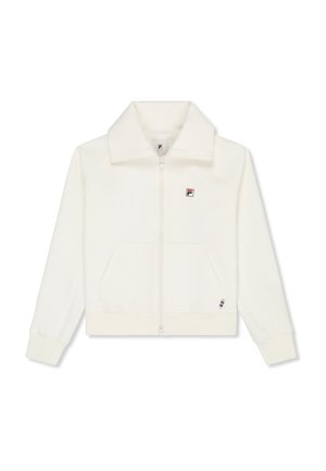 Biała kurtka na zamek z długimi rękawami, przednimi kieszeniami, kołnierzem i małym czerwono-czarnym logo na lewej piersi.